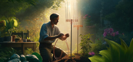 a person in the process of wrapping copper wire around a bamboo cane in a lush garden setting