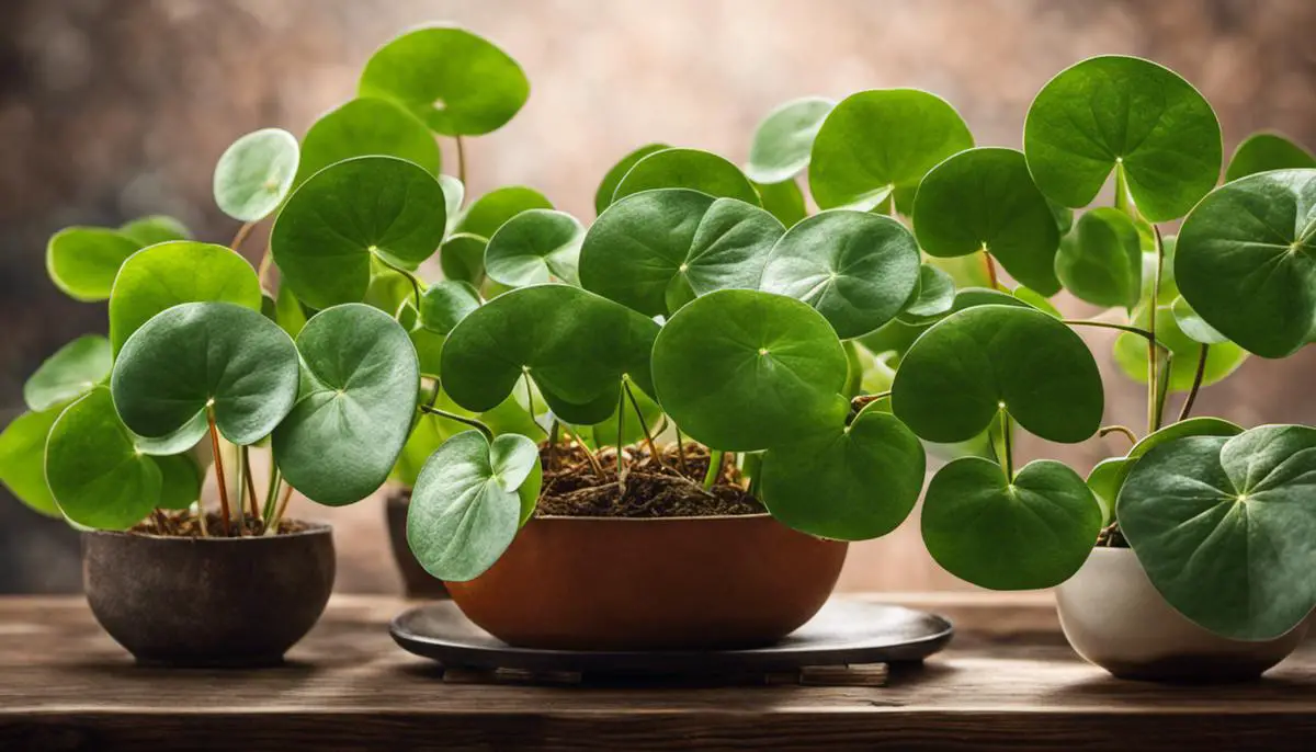 Image of Pilea Peperomioides, a Chinese Money Plant with round, pancake-like leaves.