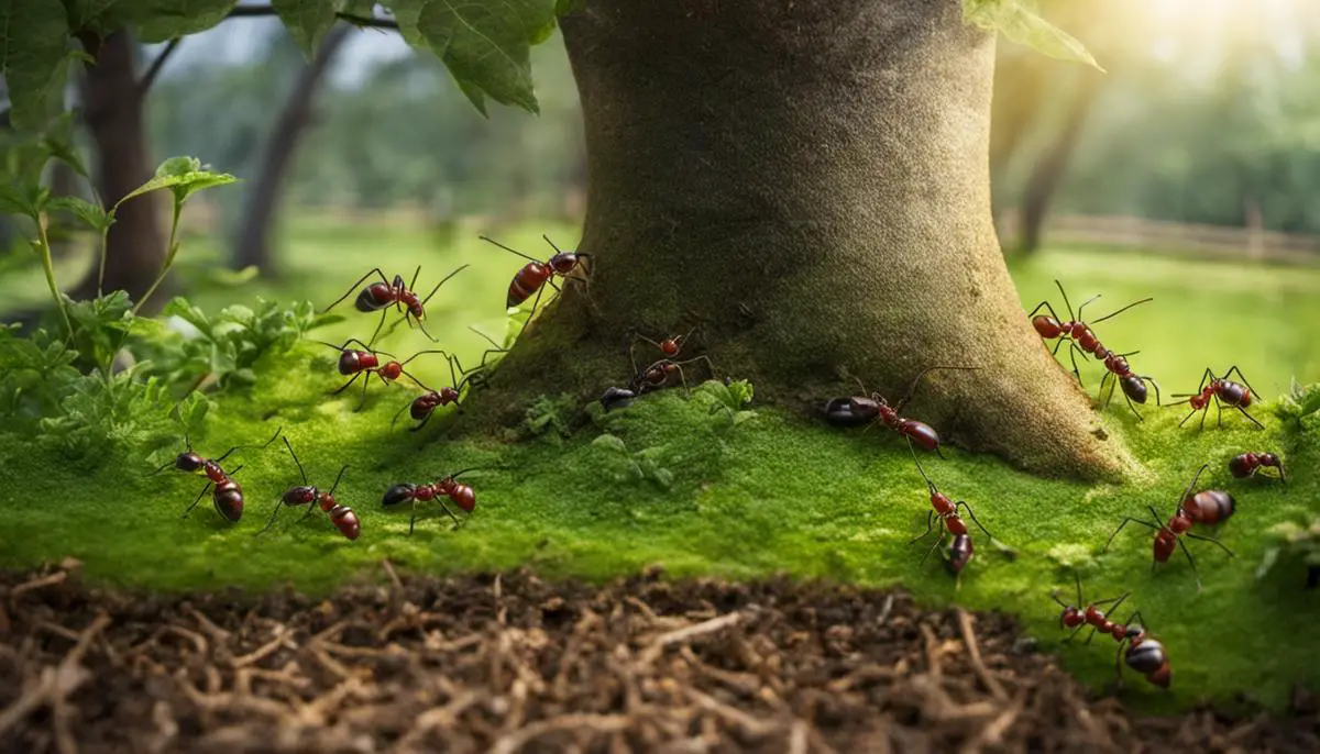Image of a garden with ant infestation, showing ants crawling on the ground and surrounding trees
