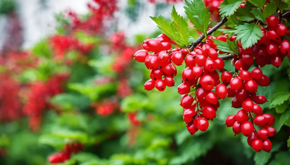 Barberries in Landscaping and Decoration - Bright red barberries among green plants in a garden