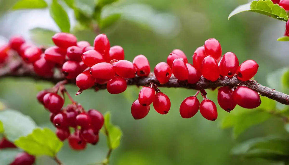 A vibrant image of barberries, showcasing their plump, ruby-red appearance and conveying their nutritional benefits.