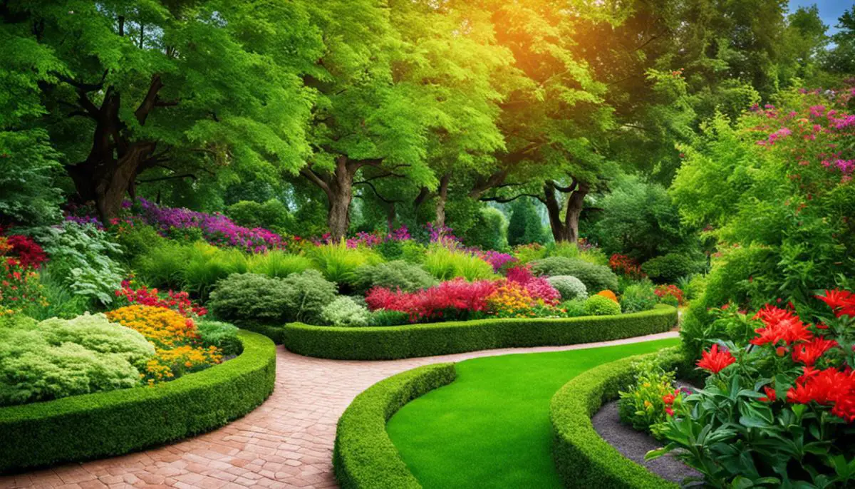 Image of a beautiful garden landscape with vibrant plants and trees.