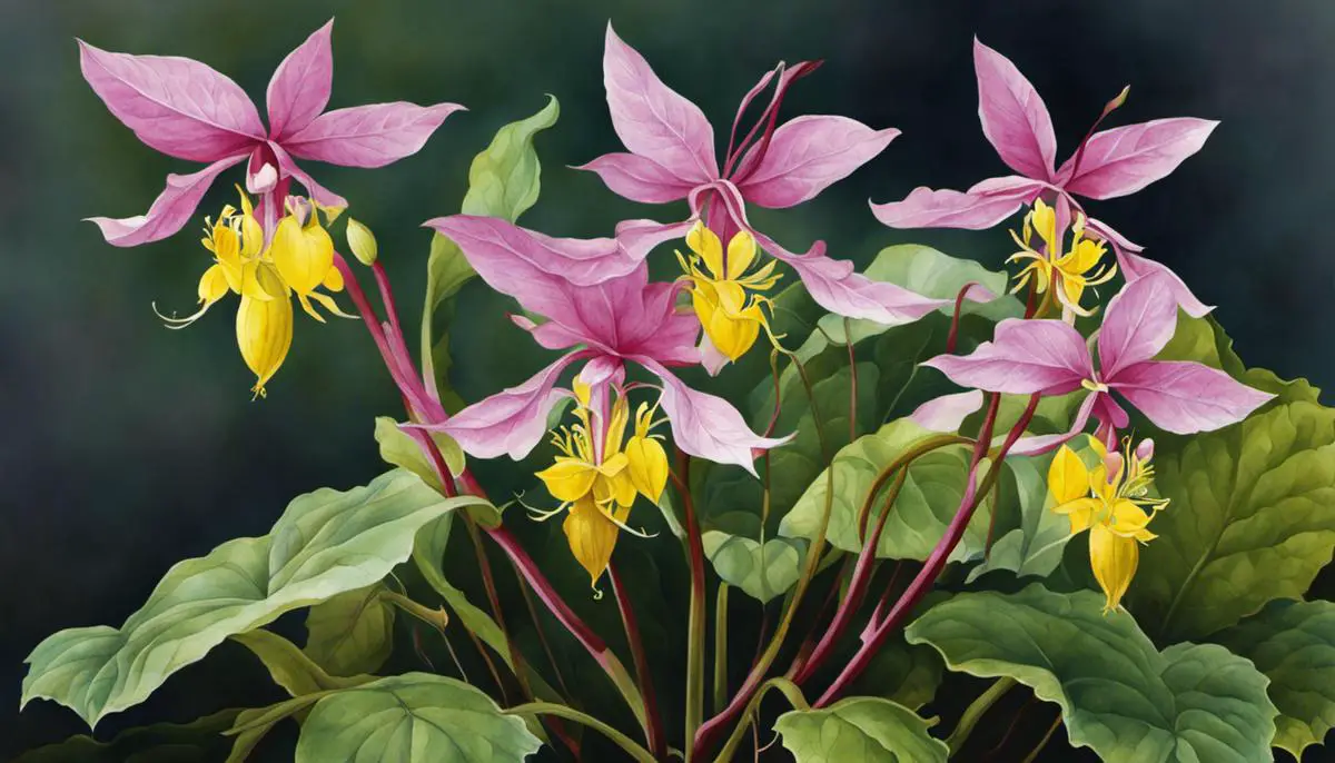 Illustration of various Epimedium species, showcasing their heart-shaped foliage and colorful flowers.