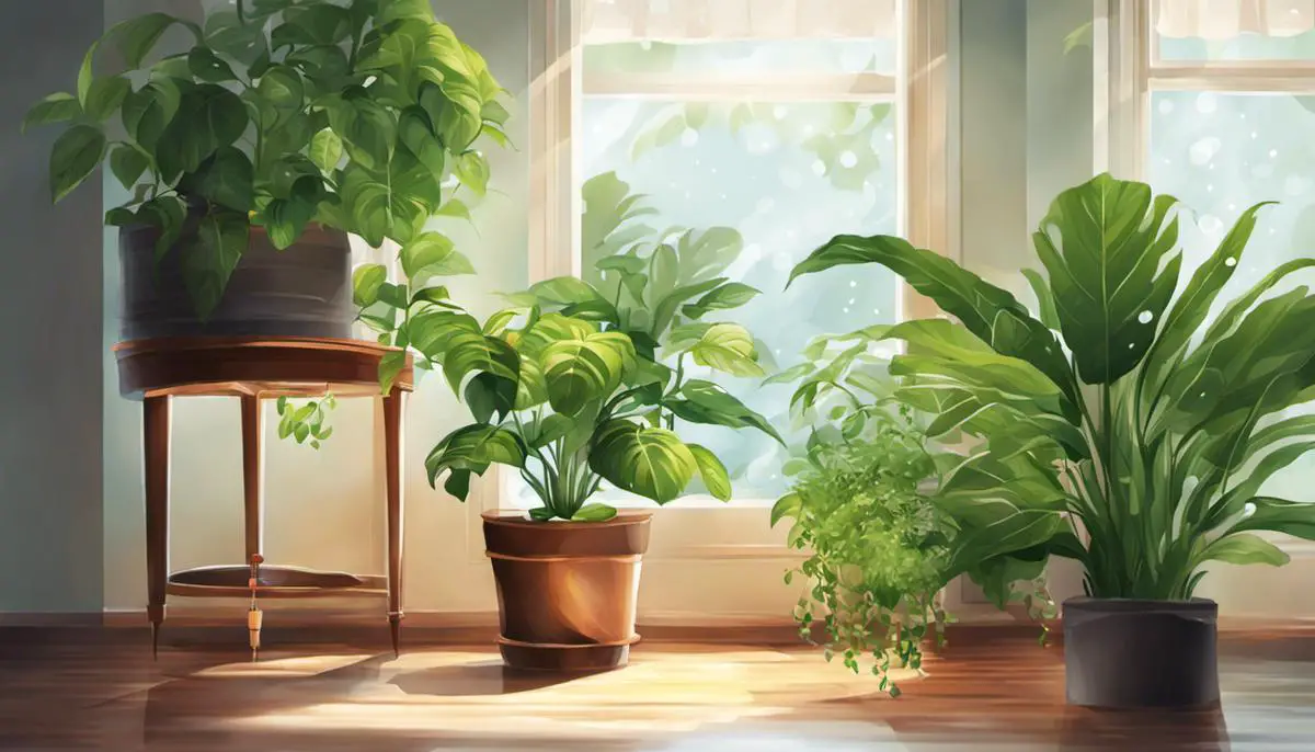 Illustration of a houseplant in a well-lit room with a hygrometer and a humidifier nearby.