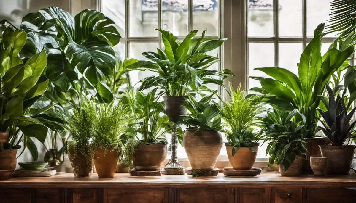 Image of houseplants displayed in a well-decorated room with dashes instead of spaces