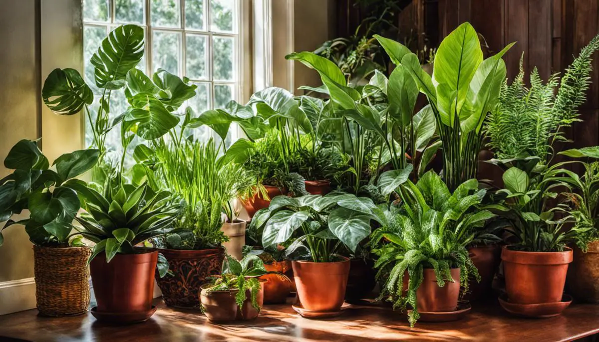 Image depicting various types of houseplants, showcasing their vibrant colors and diverse foliage for someone that is visually impaired