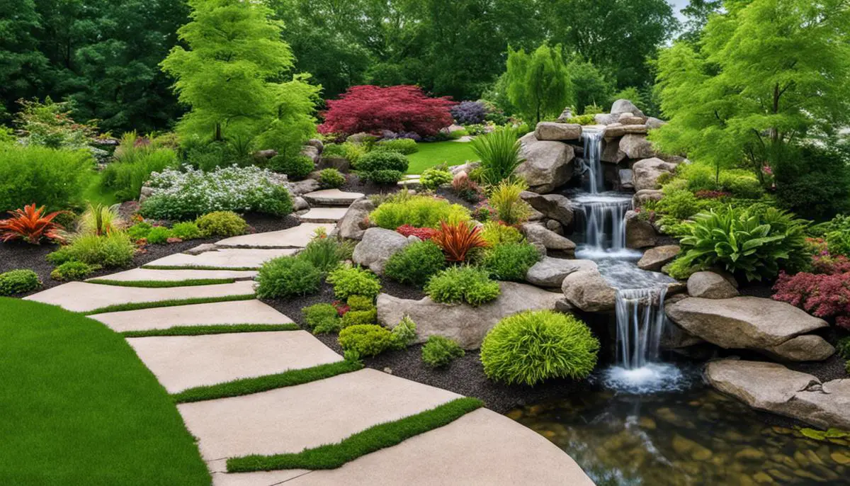 A beautiful landscape garden with a variety of plants, non-living elements like rocks and water features, and well-lit paths, creating a serene and inviting atmosphere.