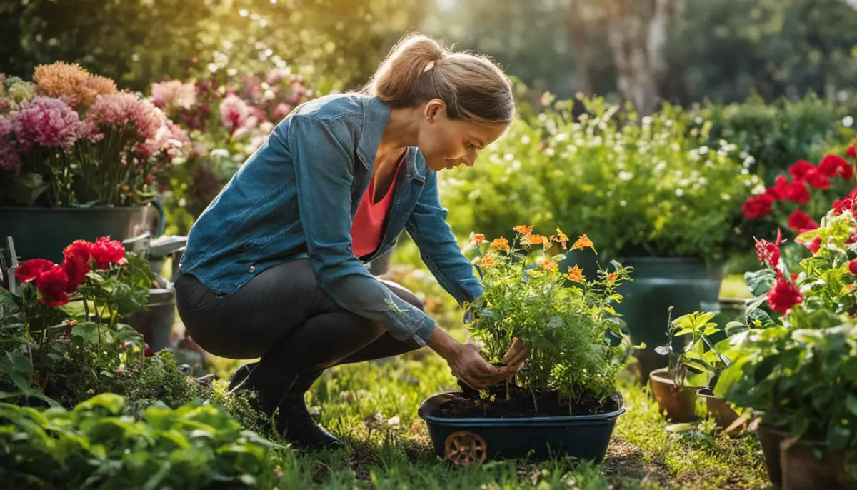 Image illustrating the mental health benefits of gardening, showing someone peacefully tending to plants in a garden.