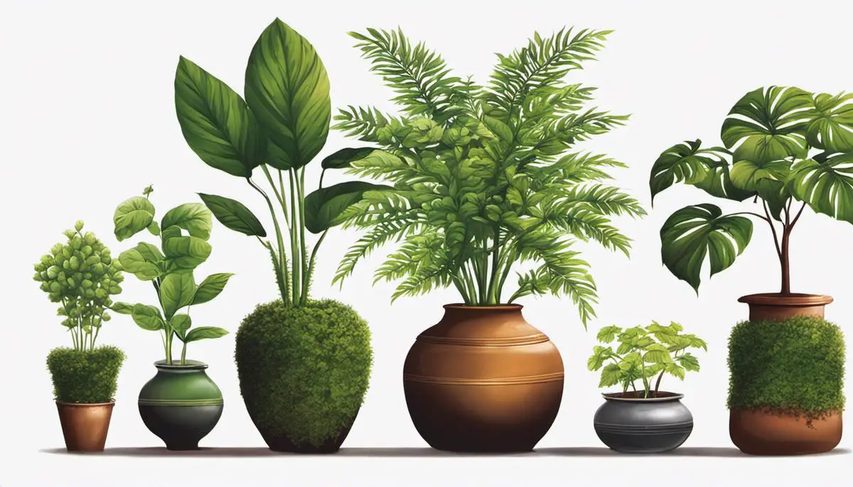 Illustration of different pots and plants of varying sizes, showing how pot size impacts plant growth.