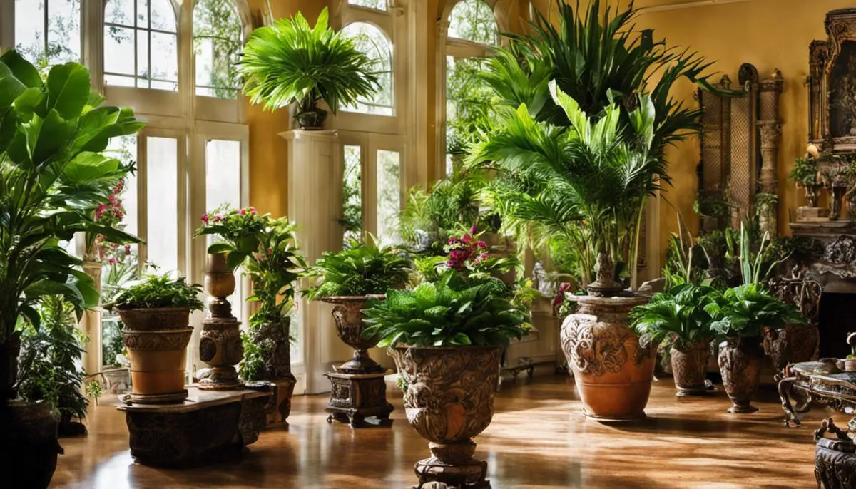 A variety of potted plants displayed in a beautifully decorated room.