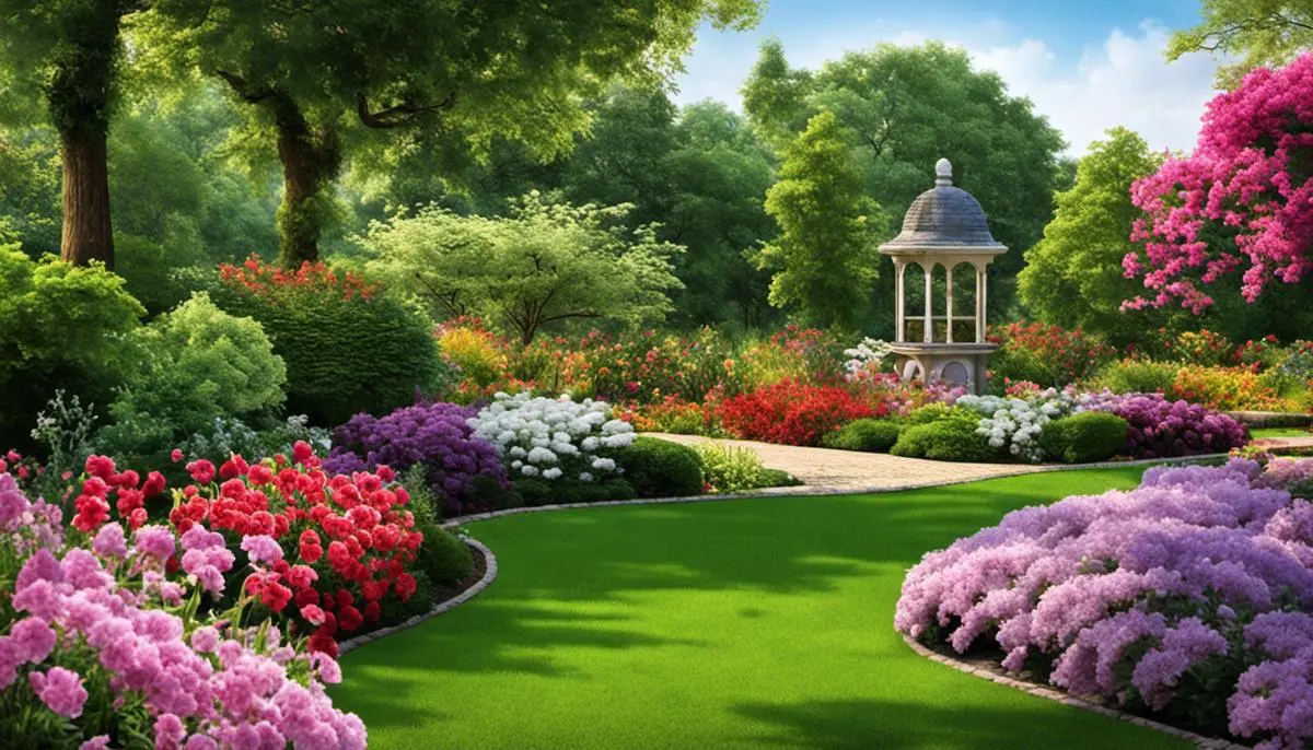 A beautiful garden landscape with colorful flowers and a well-designed layout.