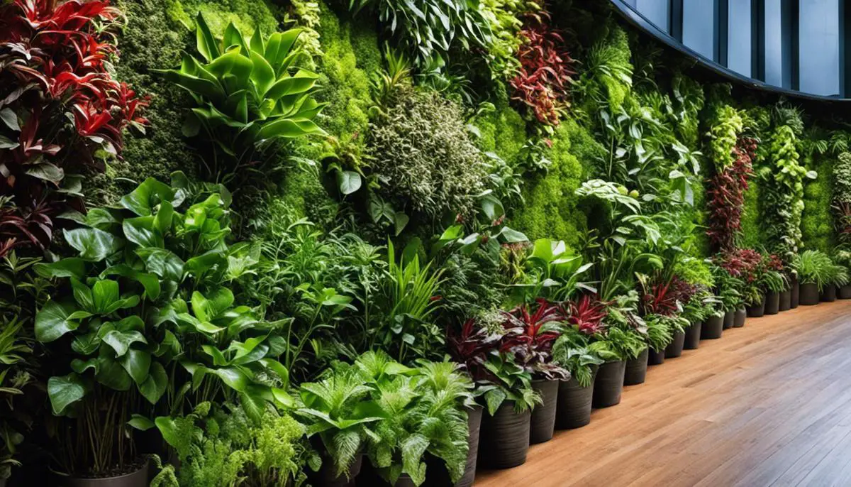 A vertical garden with various types of houseplants growing in pots arranged vertically on a wall.