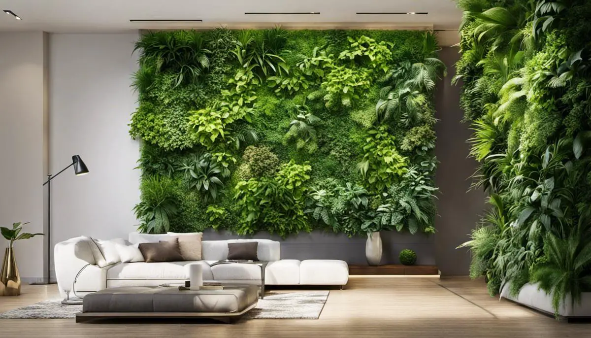 A vertical garden with vibrant green plants covering a wall, adding a refreshing and calming atmosphere to the living environment.